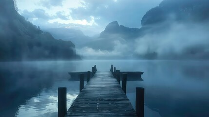 Fototapeta premium A wooden pier extends into a misty lake surrounded by mountains, creating a serene and mysterious atmosphere.