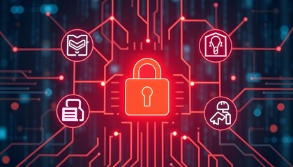Cyber punk lock, lines connected with digital futuristic icons. Cyber security alert warning save dynamic network technology from hackers concept. 