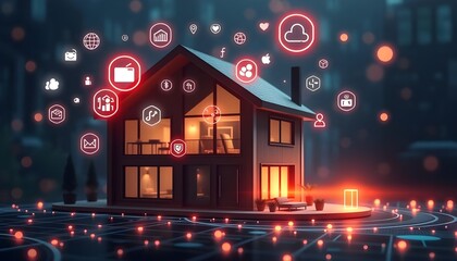 3d smart home with digital icons, interior furnished furniture and hologram technology. Concept of all appliances and devices are connected with internet. 