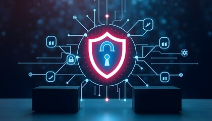 Neon lock with digital icons and futuristic hologram technology. Concept of cyber security attack alert and save communication technology from hackers.