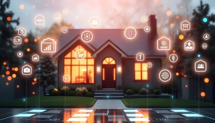 Smart home with futuristic digital icons and hologram data technology. All devices and appliances are connected with wifi concept.