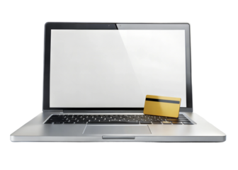 A close-up of a laptop with a credit card resting on the keyboard, symbolizing online shopping and digital finance activities isolated on transparent background