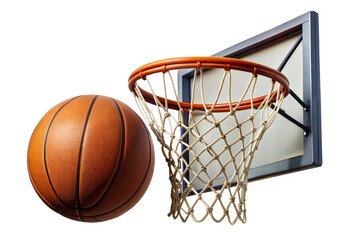 Fototapeta premium A basketball approaches the hoop during a game, highlighting the sport's excitement and skill in a vibrant indoor gym setting isolated on transparent background