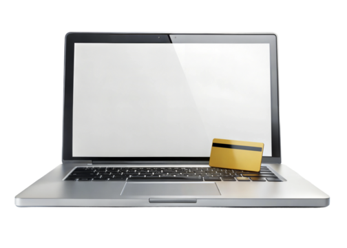 A close-up of a laptop with a credit card resting on the keyboard, symbolizing online shopping and digital finance activities isolated on transparent background