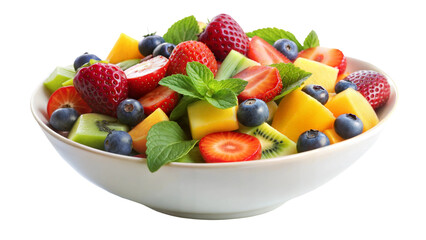 A vibrant bowl of fresh fruit salad containing strawberries, blueberries, mango, kiwi, and mint leaves arranged attractively isolated on transparent background