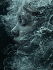 A young woman surrounded by swirling smoke, eyes closed, serene.