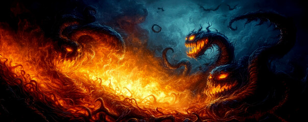 A dramatic illustration of mythical dragons emerging from flames, blending colors of fire and darkness, evoking mystery and power.