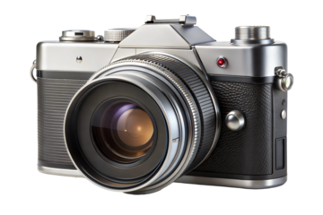 A stylish vintage camera with a large lens sits on a light surface, showcasing its detailed craftsmanship and sleek design isolated on transparent background