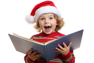 A cheerful child wearing a Santa hat reads a book excitedly, embodying the festive spirit of the holiday season in a bright and joyful atmosphere isolated on transparent background