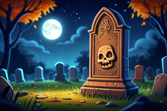 Cartoon-style graveyard at night, with a large skull on a tombstone as the central focus.