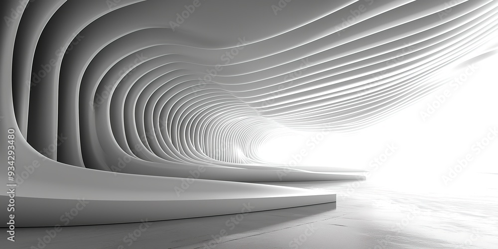 Poster abstract modern architecture interior with curving white walls illuminated by light, creating a mesm