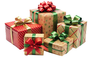Obraz premium Colorful wrapped gifts in various sizes adorned with bows and ribbons arranged on a white background showcasing festive holiday spirit isolated on transparent background