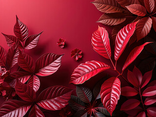 Collection of tropical leaves, foliage plant in red color background