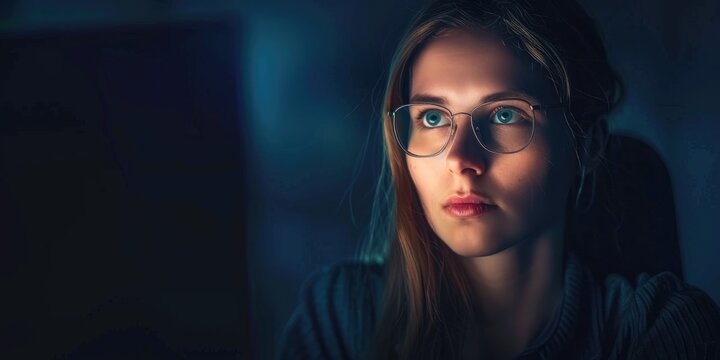 Female hacker bypassing security barriers during the night in an office setting.