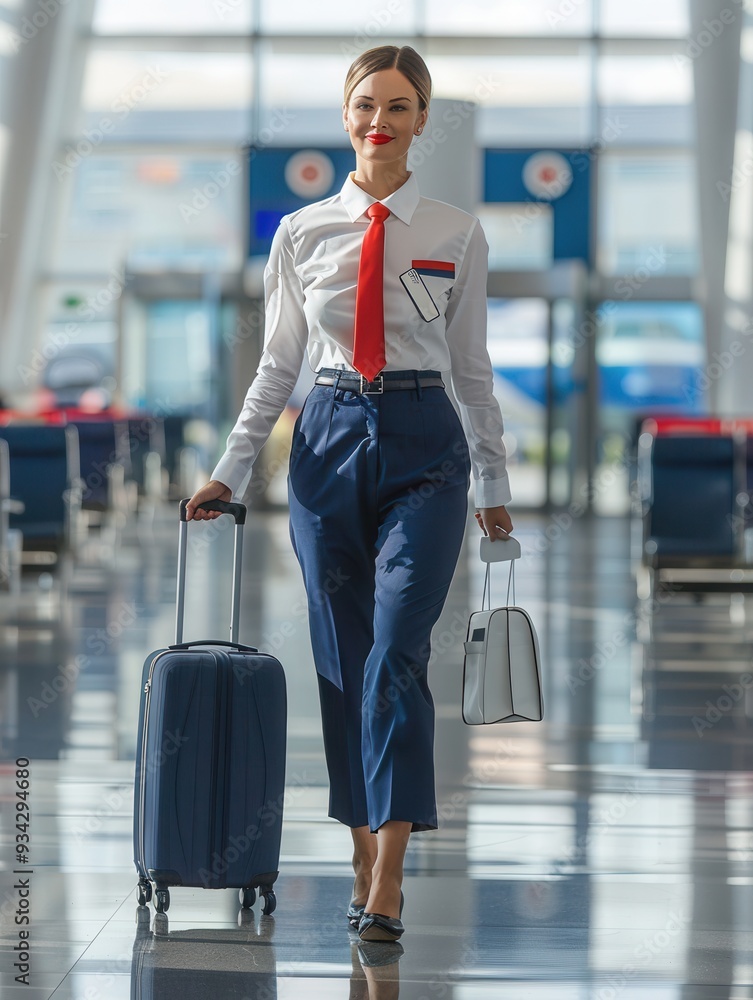 Poster a flight attendant walks confidently through the airport terminal, pulling a suitcase and holding a 