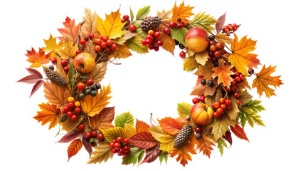 A colorful autumn wreath made of vibrant leaves, berries, and fruits, showcasing the natural beauty of fall decorations in a festive arrangement isolated on transparent background
