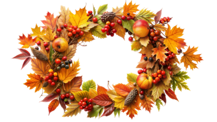 A colorful autumn wreath made of vibrant leaves, berries, and fruits, showcasing the natural beauty of fall decorations in a festive arrangement isolated on transparent background