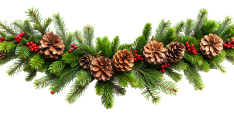 Decorative garland with pine cones and red berries arranged on a festive background, ideal for holiday celebrations and winter season decor isolated on transparent background