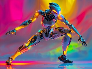 Obraz premium Futuristic Humanoid Robot Posing in Vibrant Neon Lighting