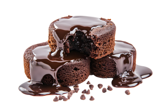 molten chocolate lava cakes with dripping chocolate sauce and crumbs isolated png transparent background