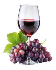 A glass of rich red wine beside a cluster of dark purple grapes showcasing a classic pairing of beverages and fresh fruit isolated on transparent background