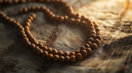 Fototapeta premium Wooden prayer beads resting on fabric in soft morning light, symbol of meditation and spirituality