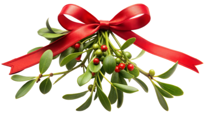 A festive mistletoe arrangement with vibrant red berries and a shiny ribbon, perfect for holiday decorations and traditions during winter celebrations isolated on transparent background