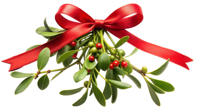 A festive mistletoe arrangement with vibrant red berries and a shiny ribbon, perfect for holiday decorations and traditions during winter celebrations isolated on transparent background