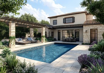 Fototapeta premium Modern Mediterranean Home with Swimming Pool and Patio