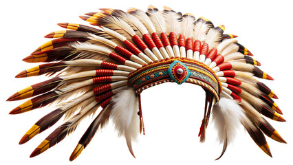 Traditional Native American headdress adorned with feathers and beads, showcasing intricate craftsmanship and cultural significance isolated on transparent background