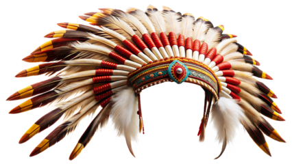 Traditional Native American headdress adorned with feathers and beads, showcasing intricate craftsmanship and cultural significance isolated on transparent background