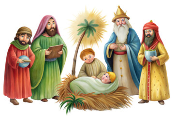 Obraz premium A depiction of the Nativity scene featuring Mary, Joseph, the Three Wise Men, and a shepherd gathered around the newborn in a cozy setting with palm trees isolated on transparent background