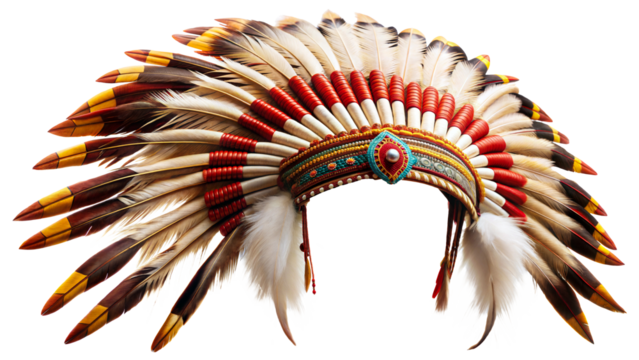 Traditional Native American headdress adorned with feathers and beads, showcasing intricate craftsmanship and cultural significance isolated on transparent background