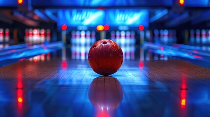 A single bowling ball sits on a lane in a dimly lit bowling alley, with pins and the score board blurred in the background.