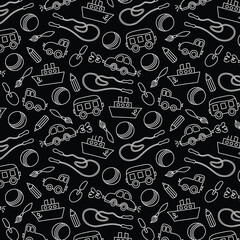 Hand drawn travel seamless pattern. Summer vacation doodles on white background. Vector illustration.