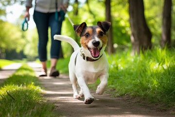 A man walking a dog on a leash in the forest