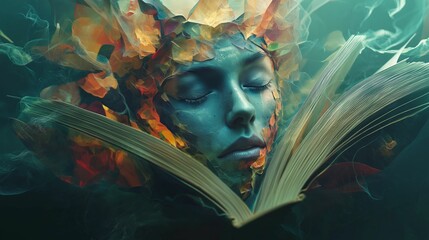 A surreal artwork featuring a serene woman’s face surrounded by abstract, colorful elements emerging from an open book.