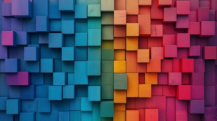 A vibrant composition of textured wooden blocks arranged in a gradient from cool blue and green tones to warm red and orange hues.
