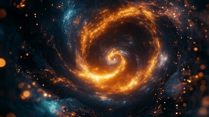 A captivating abstract scene depicting a swirling vortex of glowing blue and gold light..