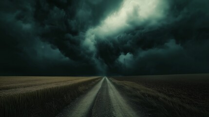 A dark, menacing storm cloud looms over a lonely dirt road cutting through vast, empty fields.