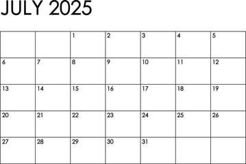 July 2025 month calendar. Simple black and white design