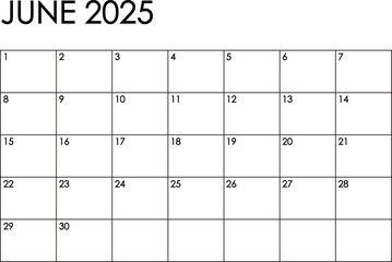 June 2025 month calendar. Simple black and white design