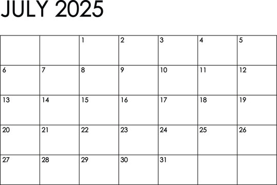 July 2025 month calendar. Simple black and white design