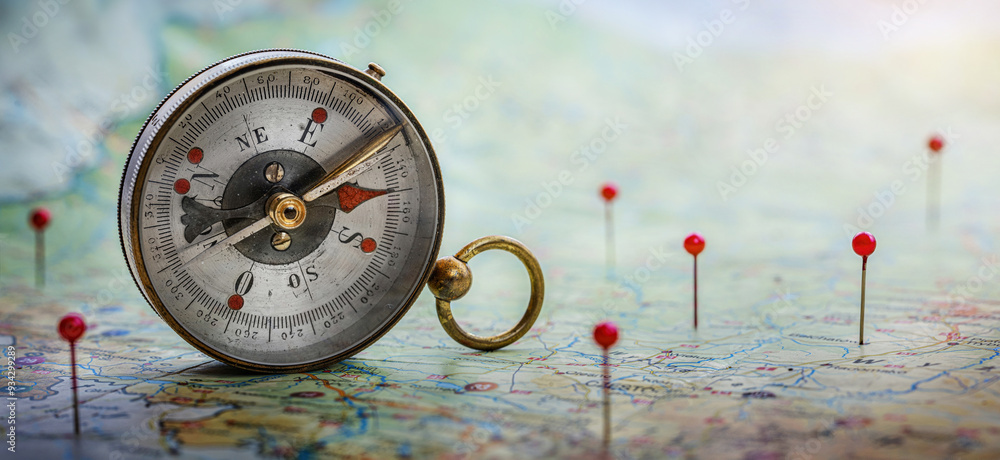 Poster magnetic compass and location marking with a pin on routes on world map. adventure, discovery, navig