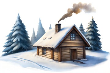Fototapeta premium Cozy wooden cabin surrounded by snow-covered pine trees during winter with smoke curling from the chimney creating a tranquil scene in a serene landscape isolated on transparent background