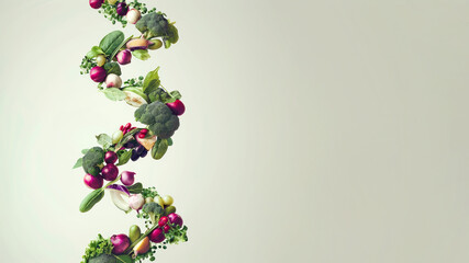 An illustration of vegetables and greens forms the shape of a DNA helix against a clean, white background. 