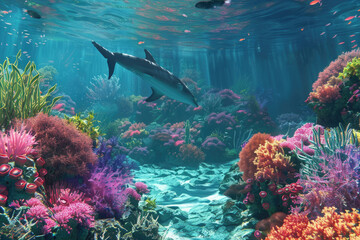 Fototapeta premium A dolphin swims gracefully through a stunning coral reef filled with colorful sea life and lush aquatic plants in bright waters
