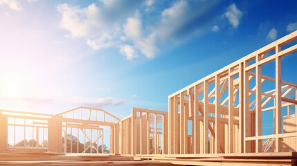 Fototapeta premium Wooden house frame construction on blue sky background, home building and real estate concept
