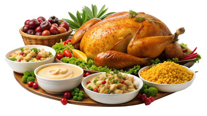 A festive dinner table featuring a golden-brown roasted turkey surrounded by colorful side dishes, fresh vegetables, and fruits during a holiday celebration isolated on transparent background