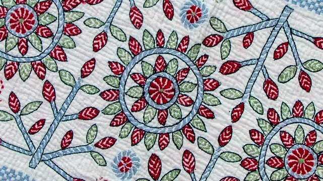 Artistry of intricate hand-sewn Nakshi Kantha, a timeless Bangladeshi textile tradition blending colorful designs and cultural heritage through exquisite stitching	